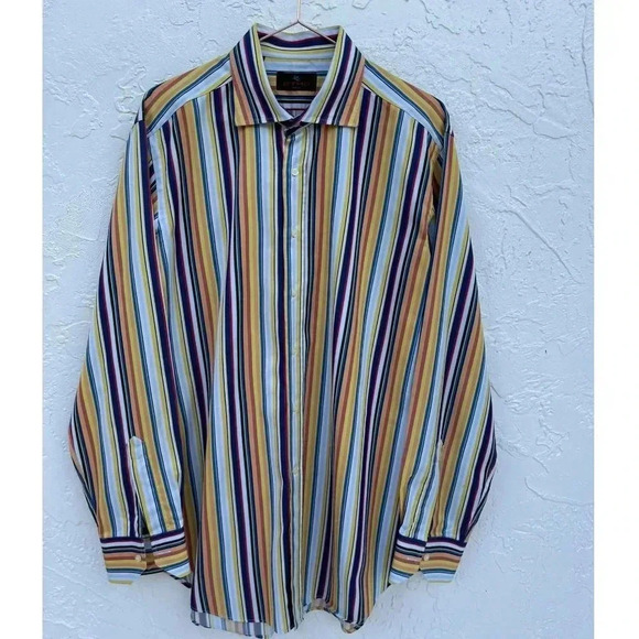 Etro Mens Vertical Striped Print Button Down Milano Polo Shirt Multicolor Sz 42 - Picture 1 of 10